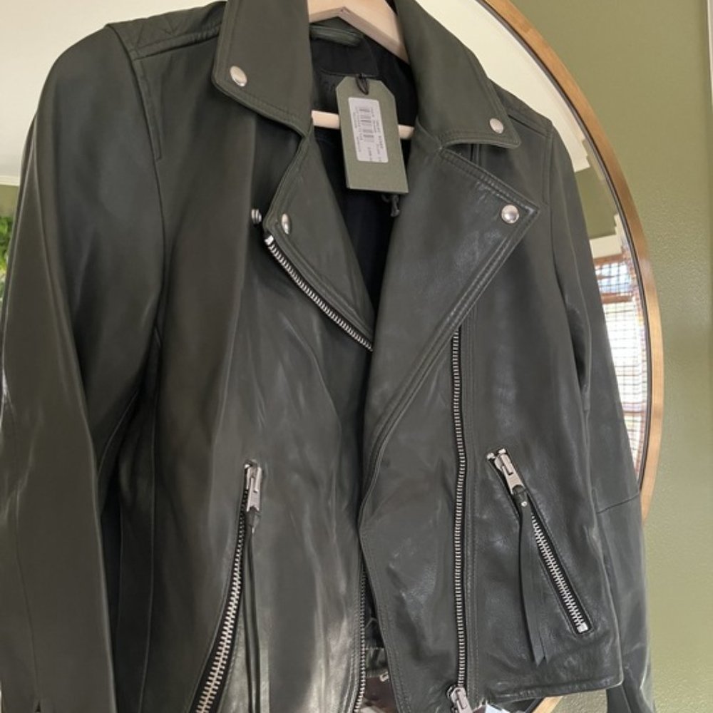 NEW AllSaints Dalby Leather Biker Jacket in Olive